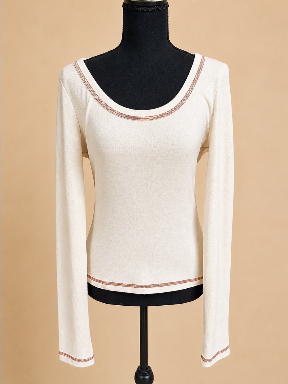 Lush XL Beige Scoop Neck Long Sleeve Knit Top Contrast Stitch NWT
